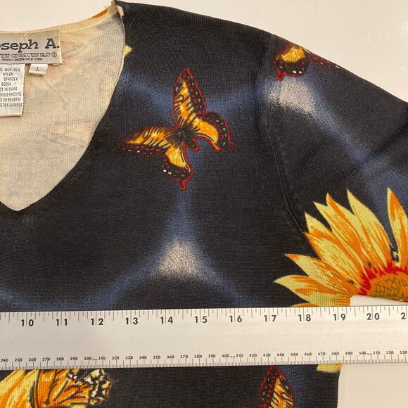JOSEPH A. Sweater Top L Silk Floral Butterfly Black-Orange-Yellow Knit Long-Slev - Picture 5 of 7